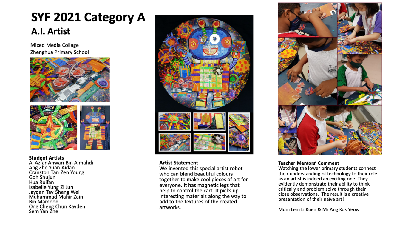 Poster with colorful robot collage and photos of children crafting; title SYF 2021 Category A A.I. Artist.